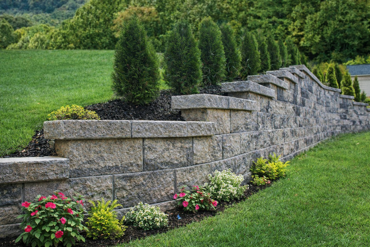 Retaining wall under construction showing base and drainage