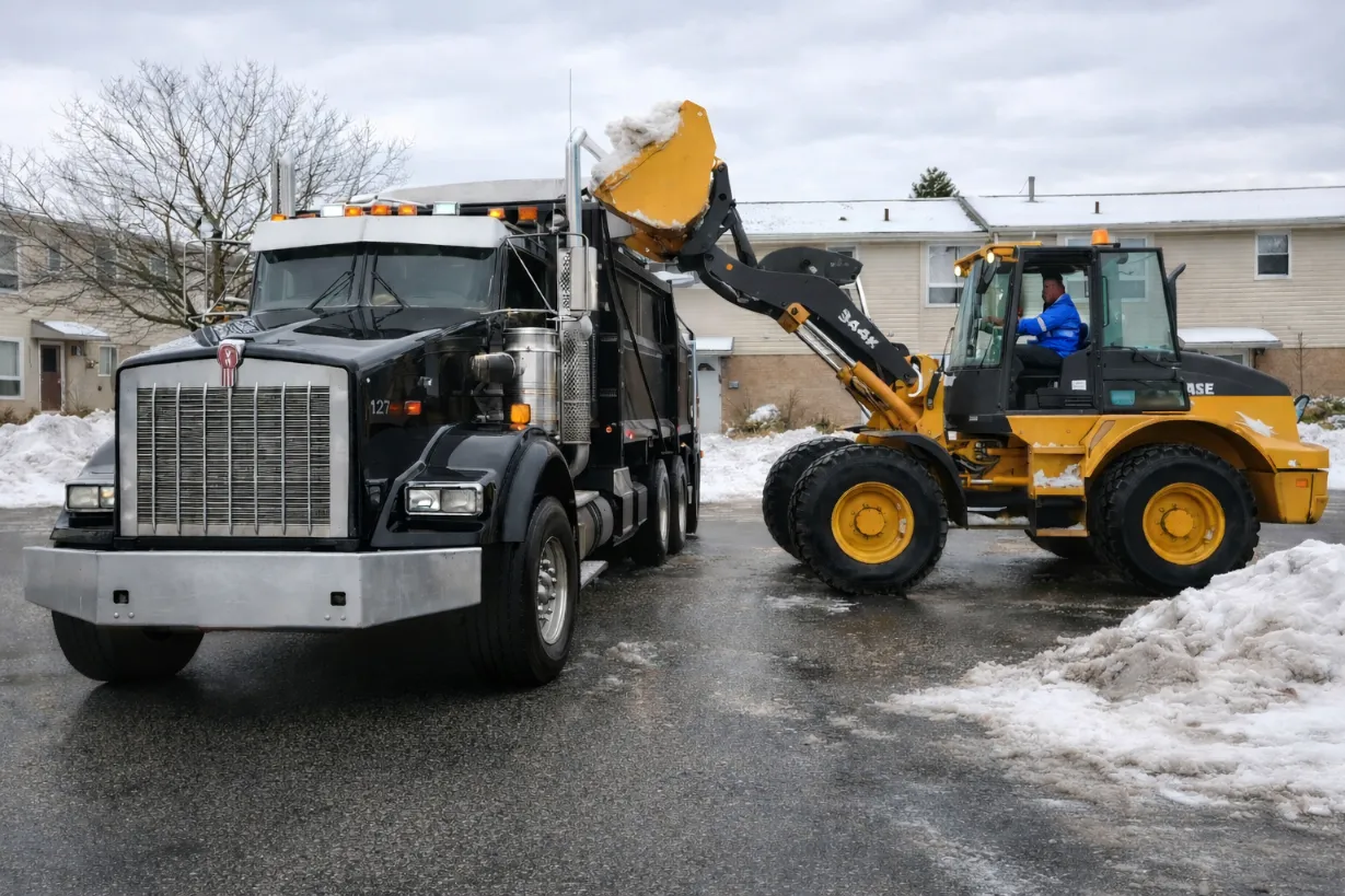 DOT-compliant dump truck being loaded with compacted snow for off-site hauling